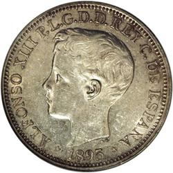 Alfonso XIII Peso 1895 PGV, KM-24, AU55 NGC, silvery go 