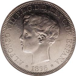 Alfonso XIII Peso 1895 PGV, KM-24, AU58 NGC, lots of lu 