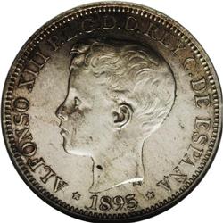 Alfonso XIII Peso 1895 PGV, KM-24, AU58 PL NGC, the nic 