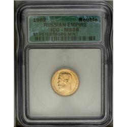 A gold 5 Rouble trio as follows: (2)1902 AP, MS66 ICG; 