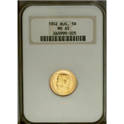 A second gold 5 Rouble trio including: 1902 AP, MS65 NG 