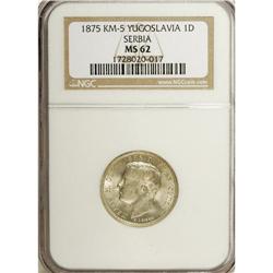 Prince Milan Dinar 1875, KM5, MS62 NGC, a nice lustrous 