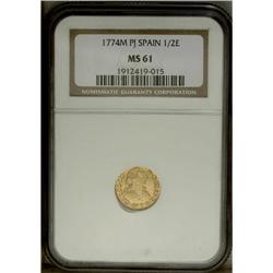 Charles III gold 1/2 Escudo 1774 M-PJ, KM415.1, MS61 NG 