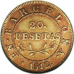 Barcelona gold 20 Pesetas 1812, KM-76, AU55 NGC. 