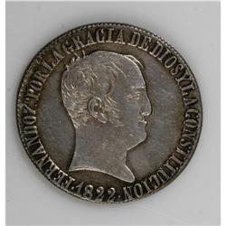 Fernando VII 20 Reales 1822-S RD, KM-561, Choice XF-AU, 
