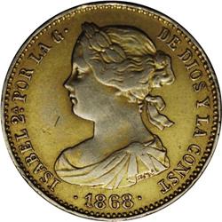 Isabella II gold-plated platinum 10 Escudos 1868, KM-63 