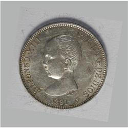 Alfonso XIII silver 5 Pesetas 1891 (91) PG M, 