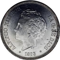 Alfonso XIII silver 5 Pesetas 1893-PG L, 