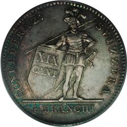 Ticino. 4-Franchi (Thaler) 1814, KM-6, AU58 Eliasberg P 