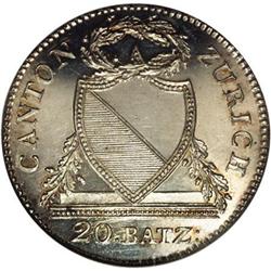 Zurich. 20-Batzen 1826, KM-188, MS63 NGC, brilliant and 