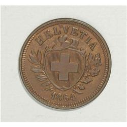 Confederation. Bronze 1 Rappen 1864-B, KM-3.1 