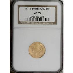Confederation. Gold 10 Francs 1911-B, KM-36, MS65 NGC, 