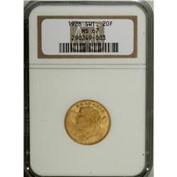 Confederation. Gold 20 Francs 1926-B, KM-35.1, MS67 NGC 