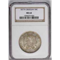 Silver 50 Centesimos 1877-A, KM-16, MS64 NGC, light sil 