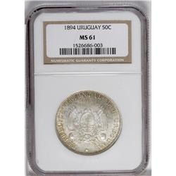 Silver 50 Centesimos 1894, KM-16, MS61 NGC, lots of tin 