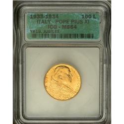 Pius XI gold 100 Lire 1933-1934, KM-Y19, MS64 ICG, Jubi 