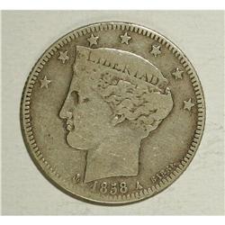 Republic 2 Reales 1858A, KM-Y10, Fine, evenly worn and 