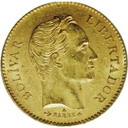 Republic gold 5 Venezolanos 1875A, KM-Y17, MS61 PCGS, f 
