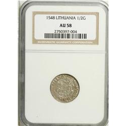 Early Euro silver: Lithuania 1548 Half Grosz AU58 NGC, 