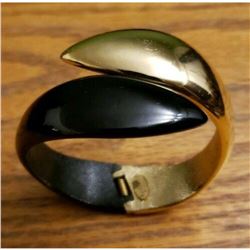 Rare Vintage Designer LANVIN Parisian Black Gold Couture Clamp Cuff Bracelet