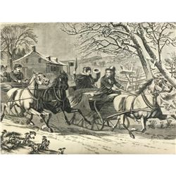 19thc Sleighing Scene Wood Cut Engraving