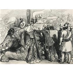 19thc Wood Cut Print, Prince of Wales Mounting Elephant, India