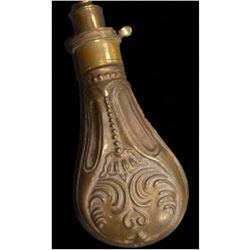 19thc Copper & Brass Black Gun Powder flask G & J.W Hawksley Floral Relief
