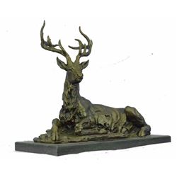 Large Recumbent Stag Deer Lodge Hunting Cabin Bronze Sculpture