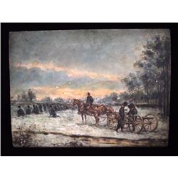 Early 20thc Russian Military Winter Scene Oil Painting