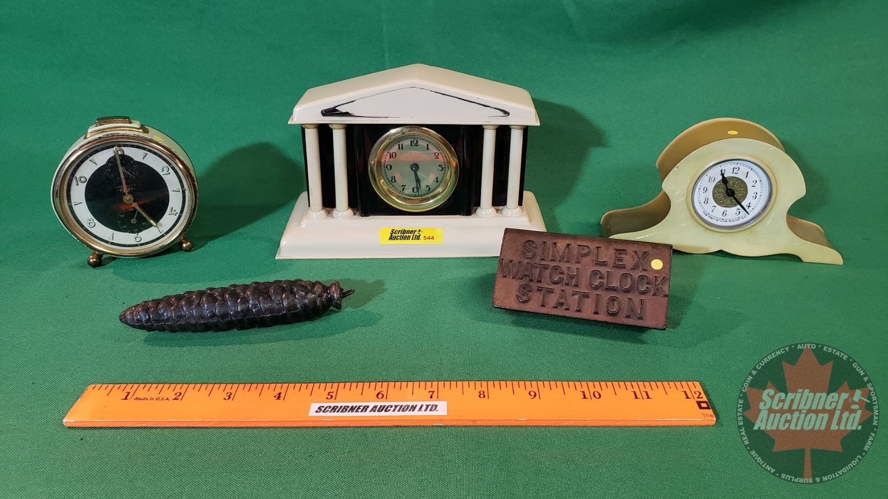 3 Dresser Clocks, Acorn Weight & Simplex Watch Clock Station (Cast Case ...