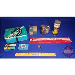 Tip Top Tire Patch Tin with Carbide Light, Wiper Blade, Patch Kit, Vintage Chev Parts Box, Chev Key,
