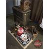 Image 1 : Pallet Lot: Variety of Rustic Antiques (Radio Cabinet, Model T Coils, Enamel Pails, Auxiliary Speake