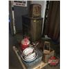 Image 8 : Pallet Lot: Variety of Rustic Antiques (Radio Cabinet, Model T Coils, Enamel Pails, Auxiliary Speake