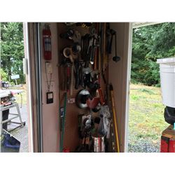 LARGE GROUP OF HAMMERS, CUTOFF BLADES, GRINDER WHEELS, WOODEN MEASURING STICKS, SQUARES, TAPE,