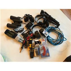 GROUP LOT INCLUDES: BINOCULARS, SUNGLASSES, TOOLS, POCKET KNIFE, TRIPOD, CORDS, HEADPHONES ETC -