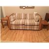 Image 2 : LIVING ROOM SET INCLUDES: OAK TRIMMED 83" SOFA, 60" LOVESEAT, 2 X OAK END TABLES, GLASS TOPPED