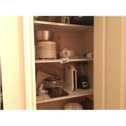 CONTENTS OF HALL CUPBOARD: BLENDER, FOOD PROCESSOR, CROCK POT, SALAD SPINNER, OSTER REGENCY