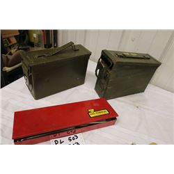 2 Metal Ammo Boxes, Gun Cleaning Rod & Metal Case