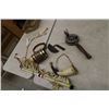 Image 1 : Hide Scraper, Rescue Dog Collar Barrel, Leather Display & Powder Horn