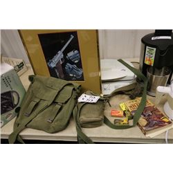 Framed Gun Picture, Canvas Bag & Canteen, Old Shell Boxes