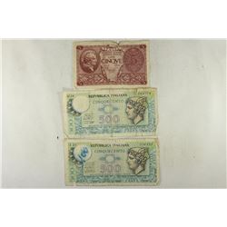 3 PIECES OF ITALIAN CURRENCY 1944-5 LIRE AND