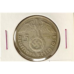 1938-J GERMAN SILVER 5 MARKS WITH SWASTIKA AU