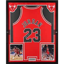 MICHAEL JORDAN FRAMED AUTOGRAPHED CHICAGO BULLS RED MITCHELL & NESS JERSEY (UPPER DECK COA)