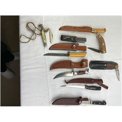 9 various knives and sharpening stone