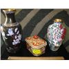 Image 1 : 2 CLOISONNE VASES, DECORATIVE LIDDED DISH