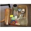 Image 1 : 1 BOX OF DECORATIVE ITEMS, VASES, CANDLESTANDS ETC.