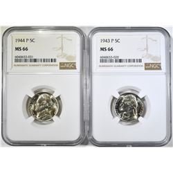 1943-P & 44-P SILVER JEFFERSON NICKELS NGC MS-66