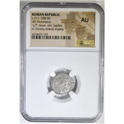 211-208 BC AR VICTORIATUS 'L/T' ISSUE NGC AU