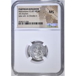 87-80 BC MITHRADATES III AR DRACHM NGC MS