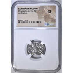 38-2 BC PHRAATES IV AR DRACHM NGC XF